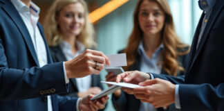 Symbolbild. Businesspeople exchange business cards at modern conference hall networking event. Copyright: Maryna - stock.adobe.com