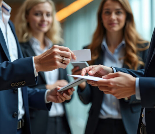Symbolbild. Businesspeople exchange business cards at modern conference hall networking event. Copyright: Maryna - stock.adobe.com