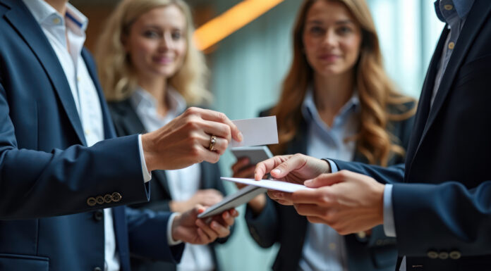 Symbolbild. Businesspeople exchange business cards at modern conference hall networking event. Copyright: Maryna - stock.adobe.com