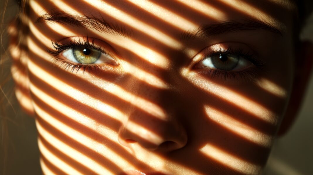 Close-up of a woman's face partially obscured by window blinds casting stripes of light and shadow. Copyright: musa - stock.adobe.com