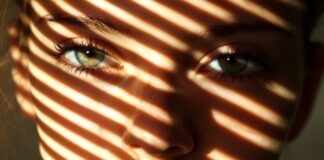 Close-up of a woman's face partially obscured by window blinds casting stripes of light and shadow. Copyright: musa - stock.adobe.com