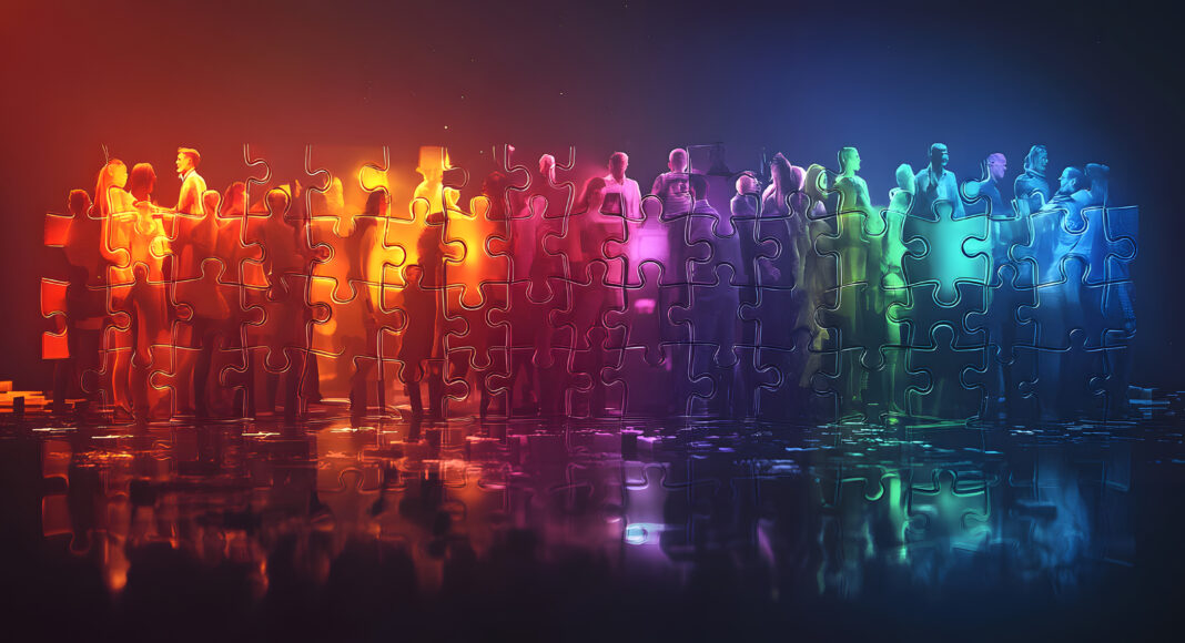 Colorful puzzle pieces form diverse group of people. Concept of teamwork, business structure. Visualizes company departments, teams. Illustrates hiring new employees. Emphasizes cooperation. Copyright: Jack - stock.adobe.com