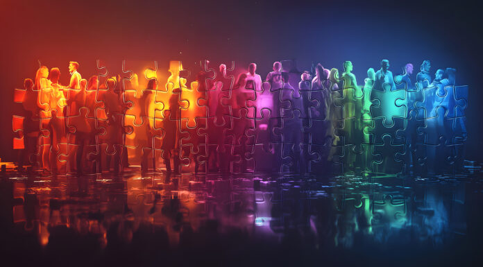 Colorful puzzle pieces form diverse group of people. Concept of teamwork, business structure. Visualizes company departments, teams. Illustrates hiring new employees. Emphasizes cooperation. Copyright: Jack - stock.adobe.com