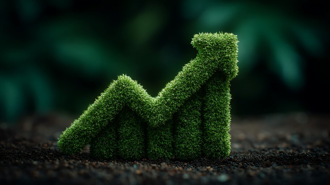 Symbolbild. Green Growth EcoFriendly Business Graph. Lush moss forms an upward trending graph symbolizing sustainable business growth and environmental responsibility.) Copyright: bagus_ - stock.adobe.com
