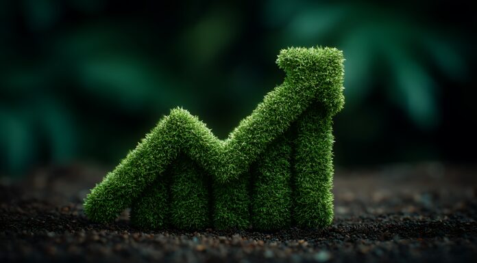Symbolbild. Green Growth EcoFriendly Business Graph. Lush moss forms an upward trending graph symbolizing sustainable business growth and environmental responsibility.) Copyright: bagus_ - stock.adobe.com