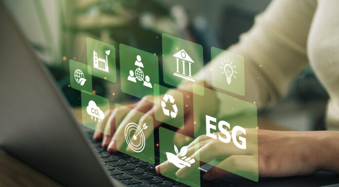 ESG environment social governance investment business concept. Women use a computer to analyze ESG, surrounded by ESG icons .close to the computer screen in business investment strategy concept. Copyright: Pcess609 - stock.adobe.com