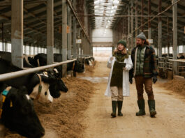 Symbolbild. Veterinarian telling how to take care of cows to farmer during their walk along big barn with cows in stall. AnnaStills - stock.adobe.com