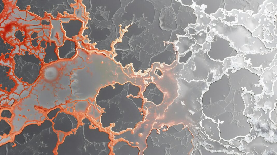 Selective color photography of copper crystals forming intricate patterns the background in grayscale. Copyright: Auon - stock.adobe.com