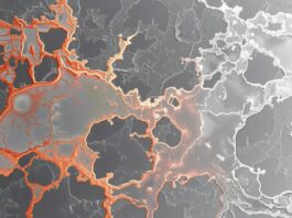 Selective color photography of copper crystals forming intricate patterns the background in grayscale. Copyright: Auon - stock.adobe.com