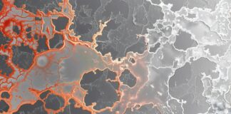 Selective color photography of copper crystals forming intricate patterns the background in grayscale. Copyright: Auon - stock.adobe.com