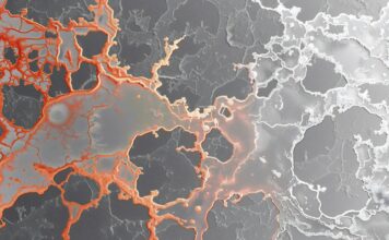 Selective color photography of copper crystals forming intricate patterns the background in grayscale. Copyright: Auon - stock.adobe.com