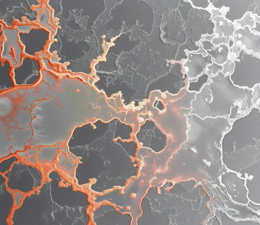 Selective color photography of copper crystals forming intricate patterns the background in grayscale. Copyright: Auon - stock.adobe.com