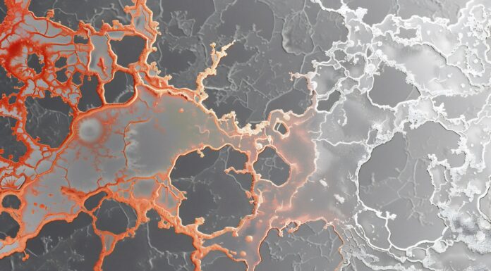 Selective color photography of copper crystals forming intricate patterns the background in grayscale. Copyright: Auon - stock.adobe.com
