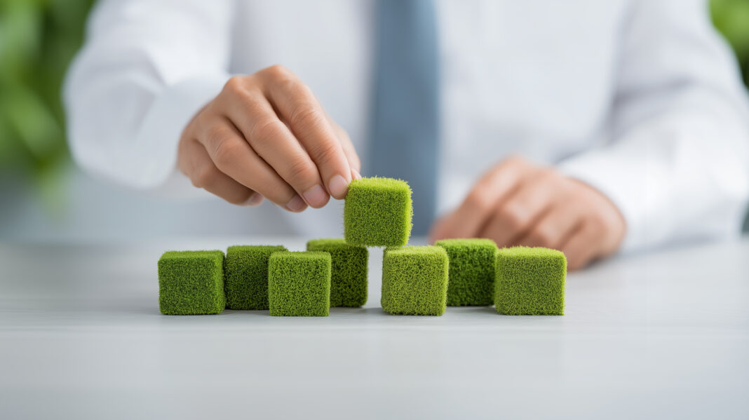 Symbolbild. Business professional building sustainable growth with green blocks. Copyright: Desyta - stock.adobe.com