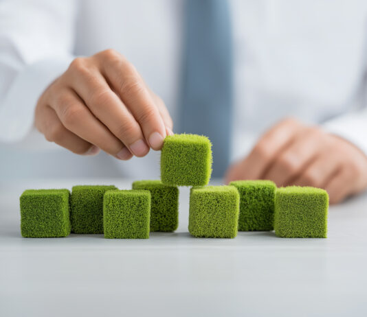 Symbolbild. Business professional building sustainable growth with green blocks. Copyright: Desyta - stock.adobe.com