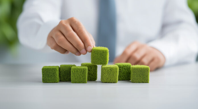 Symbolbild. Business professional building sustainable growth with green blocks. Copyright: Desyta - stock.adobe.com