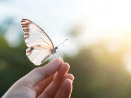 Symbolbild. Close-up of hand holding delicate butterfly symbolizing hope and transformation against soft blurred background. Copyright: Andrei - stock.adobe.com