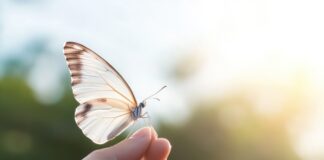 Symbolbild. Close-up of hand holding delicate butterfly symbolizing hope and transformation against soft blurred background. Copyright: Andrei - stock.adobe.com