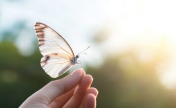 Symbolbild. Close-up of hand holding delicate butterfly symbolizing hope and transformation against soft blurred background. Copyright: Andrei - stock.adobe.com
