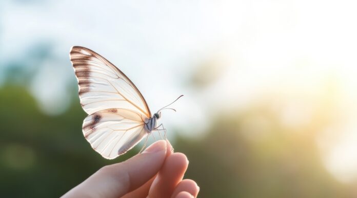 Symbolbild. Close-up of hand holding delicate butterfly symbolizing hope and transformation against soft blurred background. Copyright: Andrei - stock.adobe.com