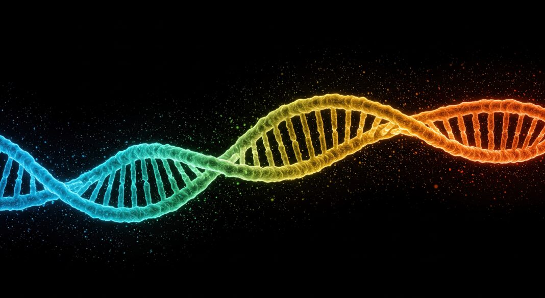 Symbolbild. A rainbowcolored DNA double helix on a black background with scattered particles. Copyright: luminara - stock.adobe.com