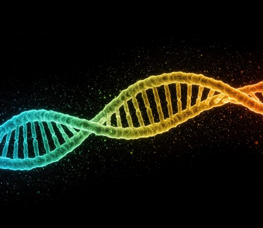 Symbolbild. A rainbowcolored DNA double helix on a black background with scattered particles. Copyright: luminara - stock.adobe.com