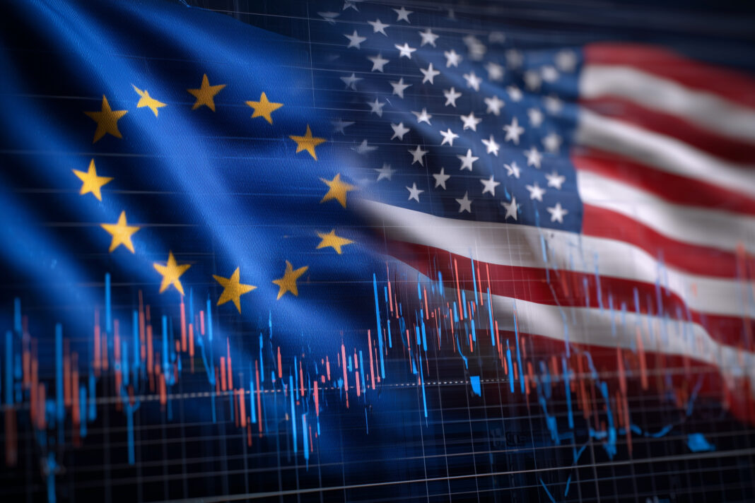 Symbolbild. A flag of the United States and the European Union is displayed on a graph. Copyright: lashkhidzetim - stock.adobe.com