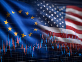 Symbolbild. A flag of the United States and the European Union is displayed on a graph. Copyright: lashkhidzetim - stock.adobe.com