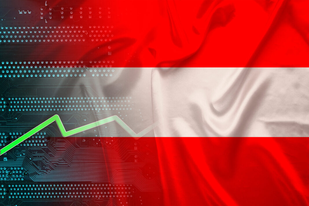 National flag of Austria on silk with folds, green electronic printed circuit board PCB, growth arrow, modern technology concept, business, economics, politics, global world trade. Copyright: kittyfly - stock.adobe.com