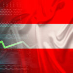 National flag of Austria on silk with folds, green electronic printed circuit board PCB, growth arrow, modern technology concept, business, economics, politics, global world trade. Copyright: kittyfly - stock.adobe.com