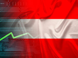 National flag of Austria on silk with folds, green electronic printed circuit board PCB, growth arrow, modern technology concept, business, economics, politics, global world trade. Copyright: kittyfly - stock.adobe.com