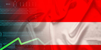 National flag of Austria on silk with folds, green electronic printed circuit board PCB, growth arrow, modern technology concept, business, economics, politics, global world trade. Copyright: kittyfly - stock.adobe.com