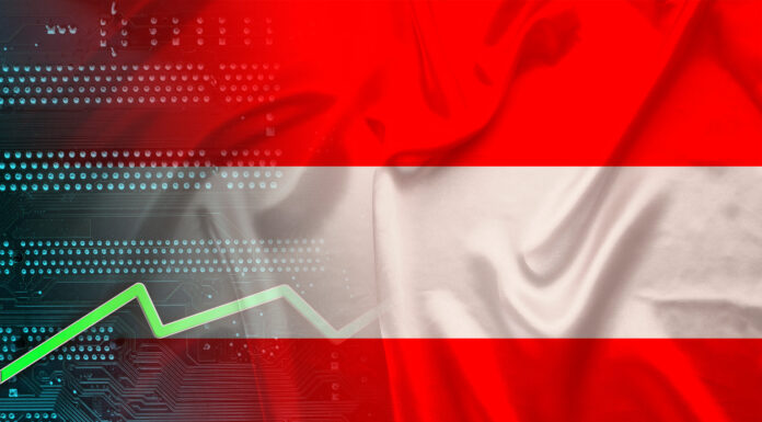 National flag of Austria on silk with folds, green electronic printed circuit board PCB, growth arrow, modern technology concept, business, economics, politics, global world trade. Copyright: kittyfly - stock.adobe.com