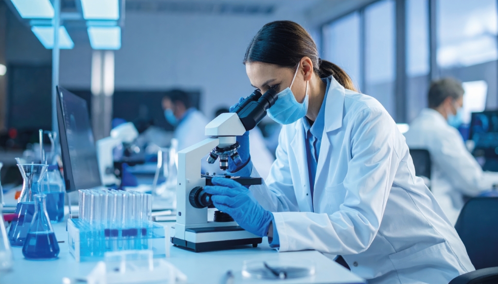 Focused Female Scientist Using Microscope in Modern Laboratory C