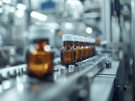 Kommerzialisierungs-Strategien für junge Biopharmazeutika-Entwickler Symbolbild "Kommerzialisierung". Amber glass bottles move along a conveyor belt in a pharmaceutical factory. Copyright: MUMTAZ - stock.adobe.com