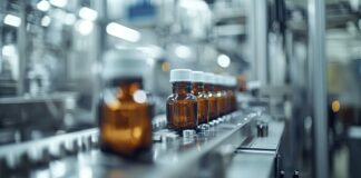 Symbolbild "Kommerzialisierung". Amber glass bottles move along a conveyor belt in a pharmaceutical factory. Copyright: MUMTAZ - stock.adobe.com