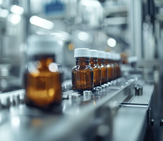 Kommerzialisierungs-Strategien für junge Biopharmazeutika-Entwickler Symbolbild "Kommerzialisierung". Amber glass bottles move along a conveyor belt in a pharmaceutical factory. Copyright: MUMTAZ - stock.adobe.com
