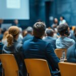 Menschen sitzen auf Stühlen, man sieht ihren Rücken. Sie schauen auf eine Leinwand.