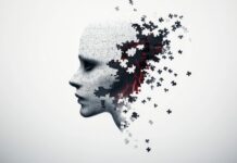 Symbolbild. Side profile of a jigsaw puzzle face with missing pieces and red light on white background. Copyright: stardadw007 - stock.adobe.com