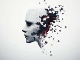 Symbolbild. Side profile of a jigsaw puzzle face with missing pieces and red light on white background. Copyright: stardadw007 - stock.adobe.com