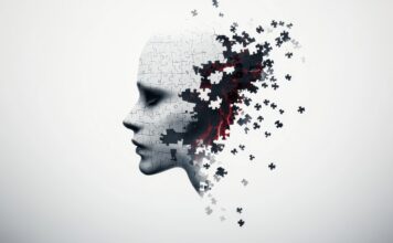 Symbolbild. Side profile of a jigsaw puzzle face with missing pieces and red light on white background. Copyright: stardadw007 - stock.adobe.com