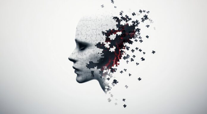 Symbolbild. Side profile of a jigsaw puzzle face with missing pieces and red light on white background. Copyright: stardadw007 - stock.adobe.com