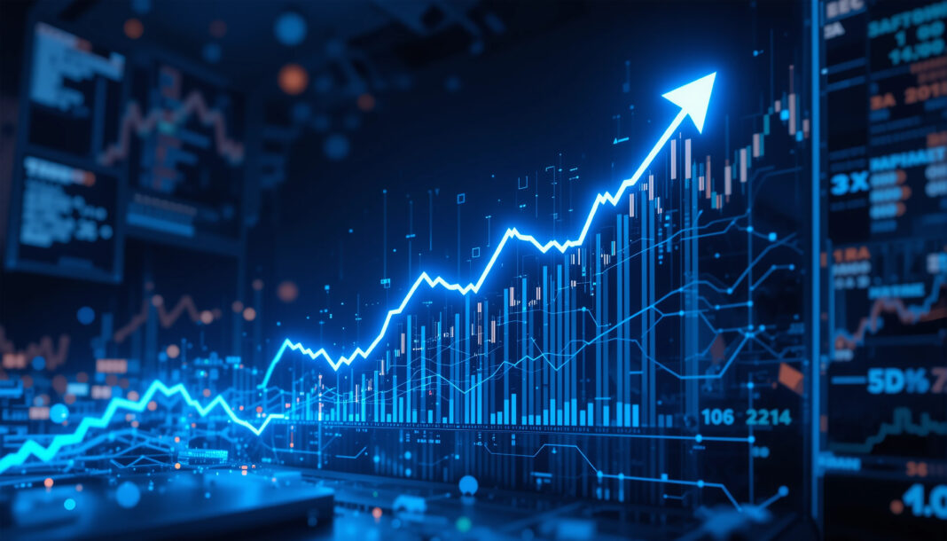 glowing financial stock market chart with a rising arrow for business success, data analysis, and investment concepts