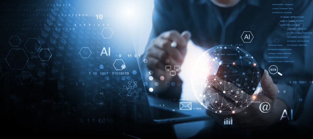 AI technology, Data engineering. Computer programmer, software engineer using digital tablet with AI for data analytics with database management and network server, technology background