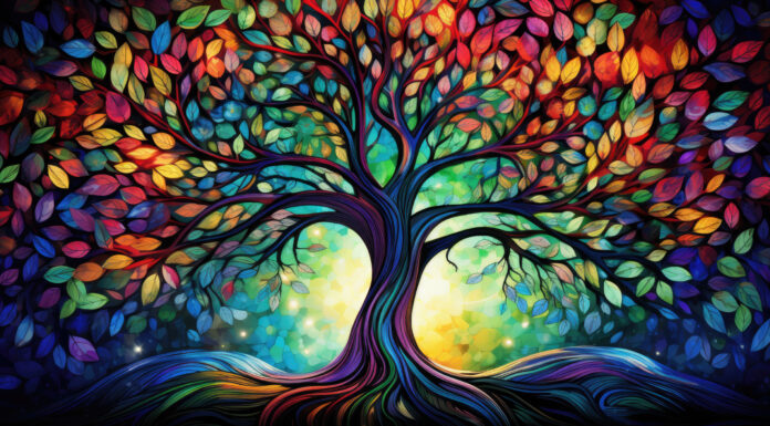 Symbolbild. Magical Yggdrasil with Tree of Life with colorful branches wallpaper colorful leaf Mosaic art. Copyright: AstraNova - stock.adobe.com