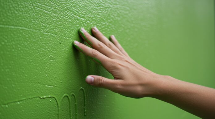 Alles neu beim ECBF Symbolbild. Eine Hand berührt sanft eine strukturierte grüne Wand und unterstreicht die Interaktion mit lebendigen Farben in einem modernen Ambiente. Copyright: boztaga - stock.adobe.com