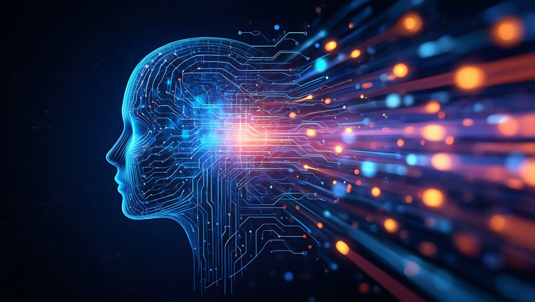 Abstract digital human head with glowing data streams flowing outwards representing artificial intelligence and technology
