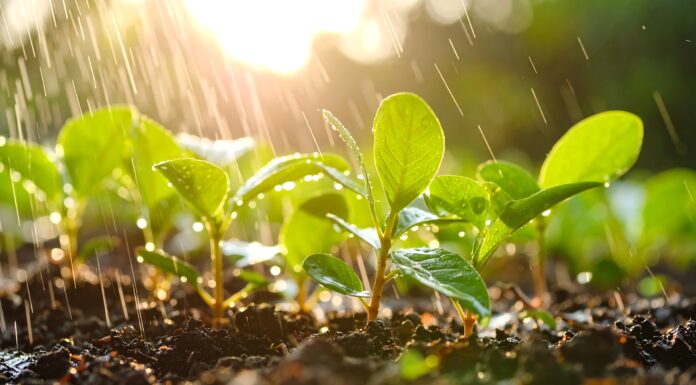 Symbolbild "Young plants watered by sunlit rain". Copyright: joni - stock.adobe.com