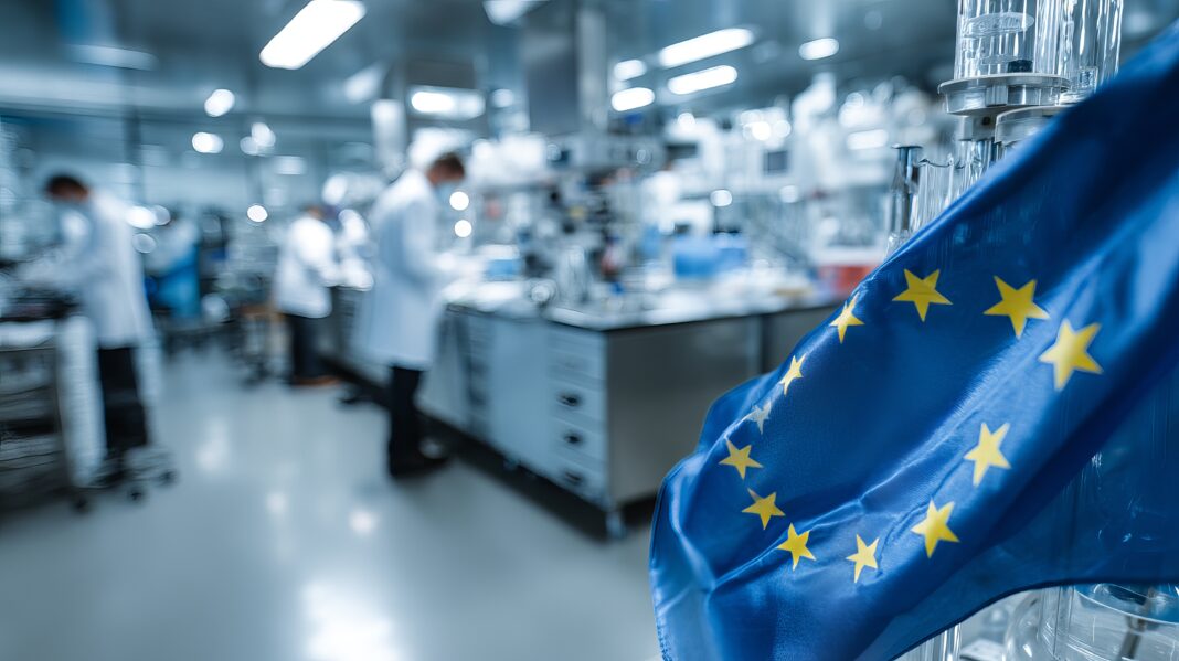 European Union flag waving in modern laboratory with scientists conducting research, symbolizing innovation and collaborative science across the EU. Symbolbild. European Union flag waving in modern laboratory with scientists conducting research, symbolizing innovation and collaborative science across the EU. Copyright: Farah - stock.adobe.com