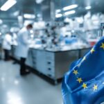 Der Biotech Act: Neue Dynamik für Kapital, Innovation und Wachstum Symbolbild. European Union flag waving in modern laboratory with scientists conducting research, symbolizing innovation and collaborative science across the EU. Copyright: Farah - stock.adobe.com